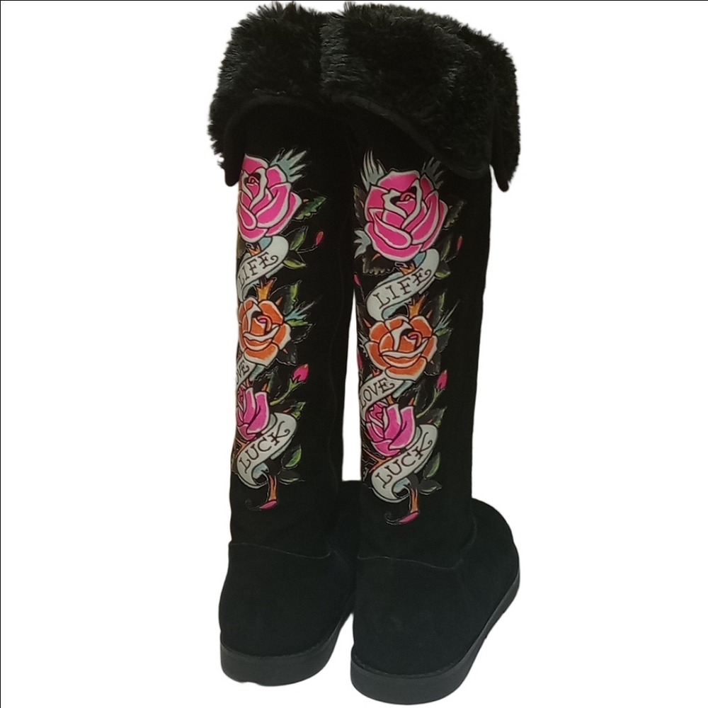 🌹ED HARDY CHRISTIAN AUDIGIER Y2K BLACK SUEDE BOOTS WITH PINK TATTOO ROSE DESIGN - Picture 5 of 12